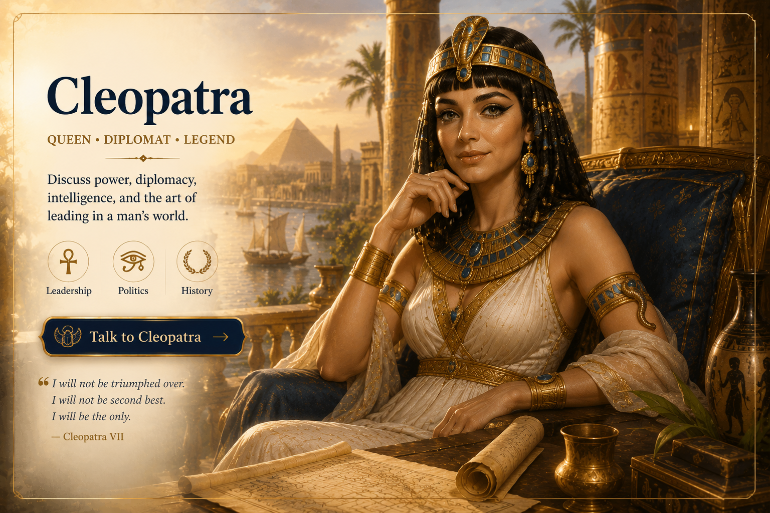Cleopatra conversation card for Master The Greats