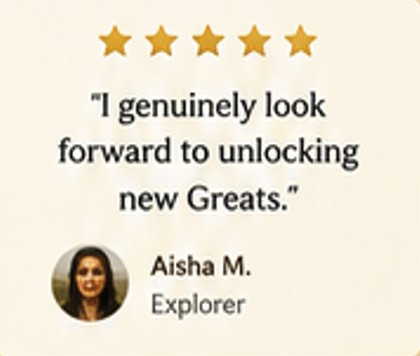 Aisha M., Explorer — I genuinely look forward to unlocking new Greats.